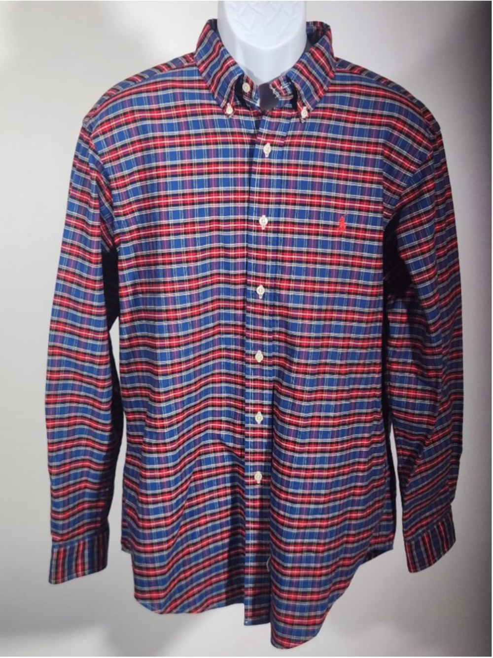 Vintage 90s Ralph Lauren Classic Fit Plaid Button Down Shirt L Red Blue Plaid